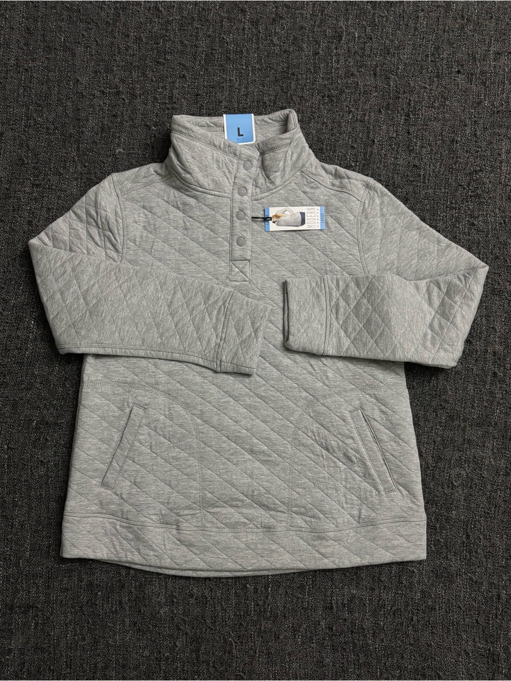 NWT Sz L Modern Canvas Quilted Mock Neck Snap Pullover Sweatshirt Heather Gray